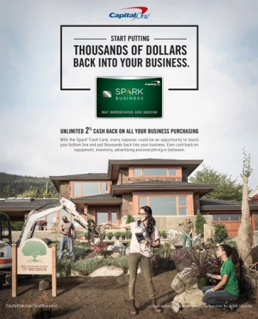Outdoor marketing image promoting the Capital One Spark business card featuring landscapers working on a home's front yard.