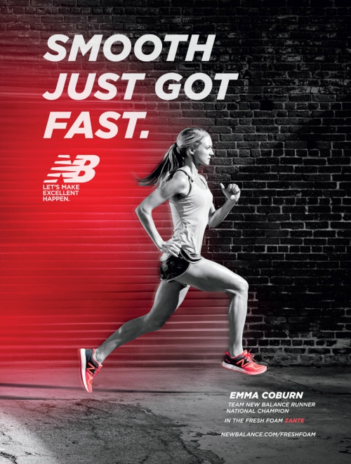 Emma Coburn, New Balance runner, captured in action mid-stride against a dynamic red and grey background, promoting the brand's Fresh Foam Zante shoe.