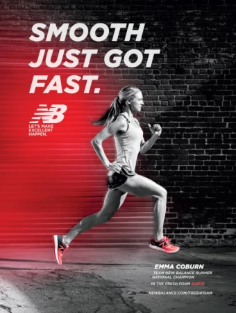 Emma Coburn, New Balance runner, captured in action mid-stride against a dynamic red and grey background, promoting the brand's Fresh Foam Zante shoe.