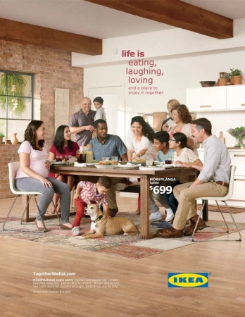 Family of adults, children, and baby gathered around a table with food, in an indoor dining room, in an advertisement for IKEA furniture.