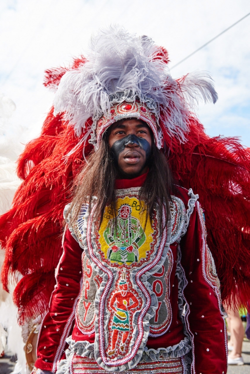 Adult male in decorative tribal outfit with red and white feathers and face paint stands outdoors on a sunny day.