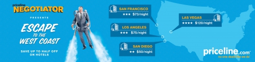 Man in a grey suit wearing a jetpack flying over a blue background with hotel price callouts for west coast cities