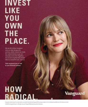 Smiling woman in financial advertising with red lipstick and large earrings on a maroon background promoting investment opportunities.