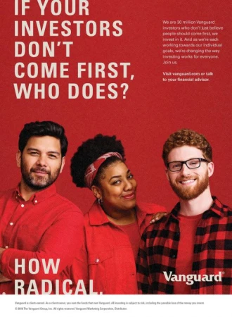 Three smiling people in red tones are featured in a financial advertising image against a red background with white text and the Vanguard logo.