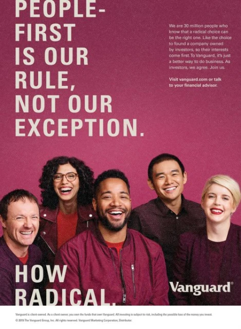 Group of smiling people in a company advertisement, indoor setting. People-first advertisement for financial investing. 