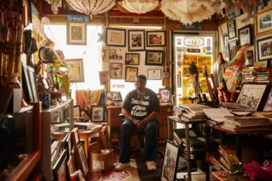 Black man seated inside a cluttered room filled with framed photos, books, parasols, and memorabilia by Bryce Duffy