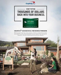 Capital One Spark Business credit card advertisement showing workers landscaping a modern house
