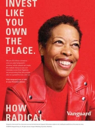 Portrait of a smiling Black woman wearing a bright red leather jacket against a bold red background with bold typography