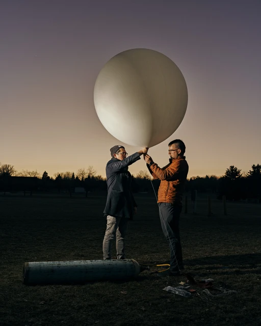 Two people outdoors at dusk holding a large white weather balloon, standing on a field of grass, with trees in the distance.