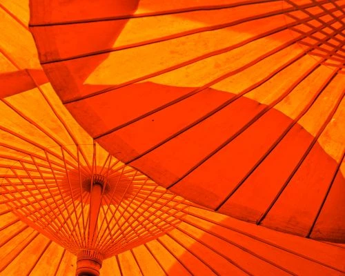 A close-up shot of a bright orange Japanese paper umbrella, showcasing its intricate design and the play of light and shadow on its surface.