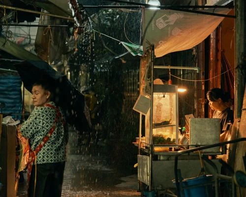 Street scene at night in the rain with two people; one holds an umbrella and the other stands near a food cart.