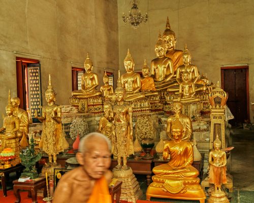 Golden Buddha statues and an elderly monk in a temple interior, bathed in soft light, evoking a sense of reverence and spiritual tradition.