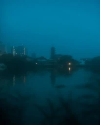 A dark, misty landscape at dusk featuring a pagoda and buildings silhouetted across a calm body of water.