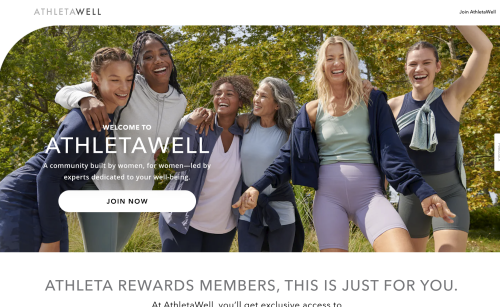 Five smiling women are gathered outdoors with trees in the background.  The AthletaWell website is displayed. The text says 'Welcome to AthletaWell'.