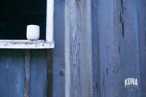White ceramic mug sits on a weathered window sill of a rustic blue wood wall, showcasing a simple and clean aesthetic.