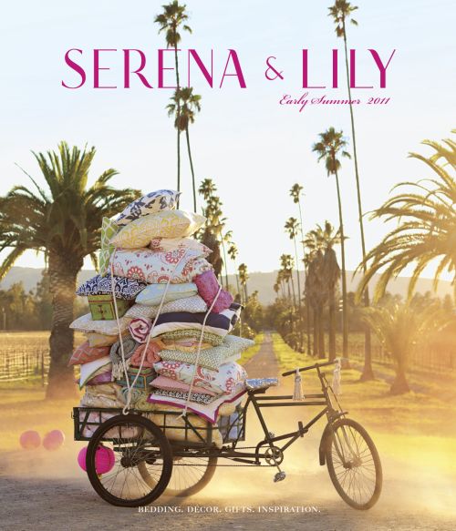 Whimsical marketing shot of a bike cart loaded with textiles, palm trees, and pink orbs lining a path under a clear sky at daytime.