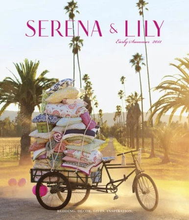 Whimsical marketing shot of a bike cart loaded with textiles, palm trees, and pink orbs lining a path under a clear sky at daytime.