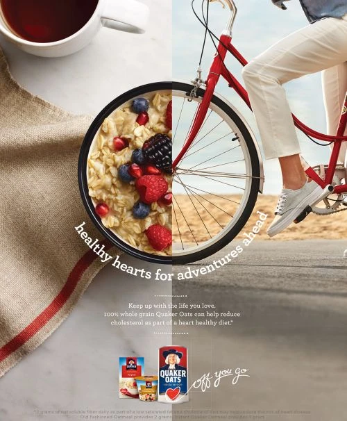 Split image ad: oatmeal with berries and nuts in a bowl and a person riding a red bike along a paved road on a sunny day.
