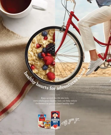 Split image ad: oatmeal with berries and nuts in a bowl and a person riding a red bike along a paved road on a sunny day.