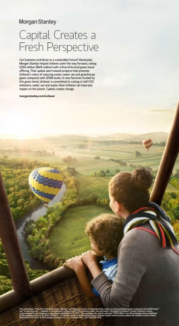 Mother and child in a hot air balloon over a green landscape, promoting Morgan Stanley's sustainable investments.