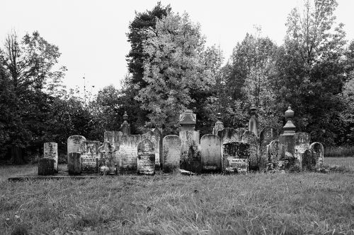 Black and white photograph of a cemetery with weathered gravestones and trees in the background under an overcast sky.