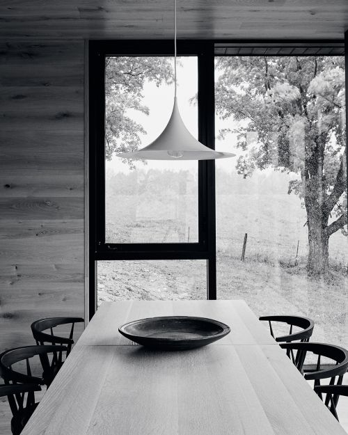 Monochrome interior featuring a dining table with chairs, pendant light, wood paneling, and a large window with an outdoor view.