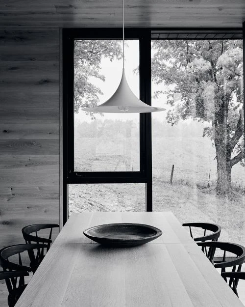 Monochrome interior featuring a dining table with chairs, pendant light, wood paneling, and a large window with an outdoor view.