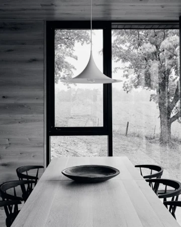 Monochrome interior featuring a dining table with chairs, pendant light, wood paneling, and a large window with an outdoor view.