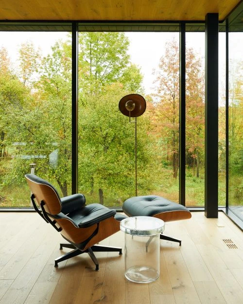 Eames chair and ottoman set in a modern living room, view through large glass windows shows green trees and autumn foliage outside.