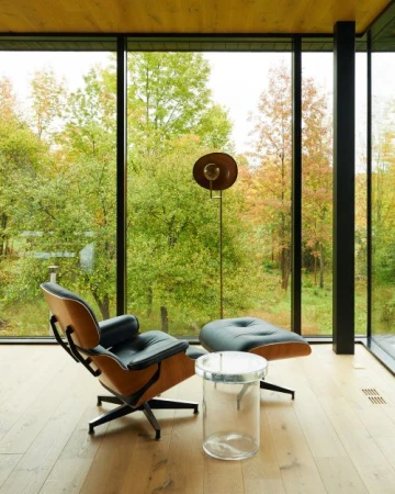 Eames chair and ottoman set in a modern living room, view through large glass windows shows green trees and autumn foliage outside.
