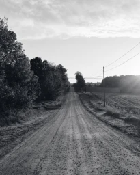 Monochrome photograph of an empty rural dirt road stretching into the distance between tree lines under a bright sky.