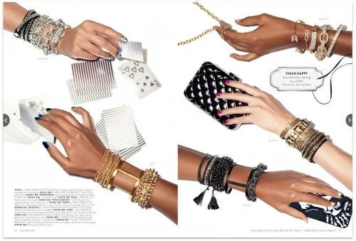 Close-up of jewelry advertisement with an assortment of bracelets on model's arms, showcasing a collection of accessories with playing cards and purses.