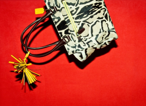 Studio shot of an animal print handbag with brown leather straps and yellow tassel against a red textured background.