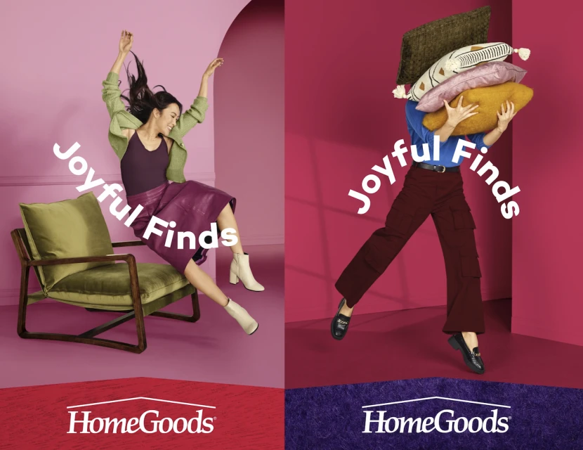 HomeGoods ad featuring a woman jumping with an armchair and a stack of pillows, showcasing joyful finds in a colorful studio setting.