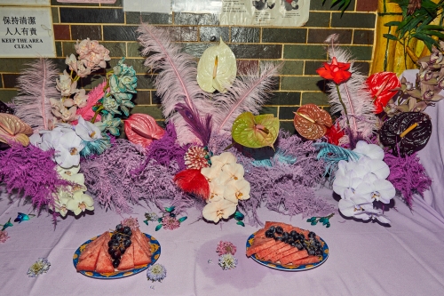 Still life featuring two plates of watermelon and grapes on a lavender tablecloth, adorned with various flowers and feathers.
