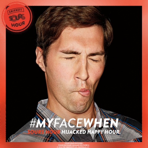 Man with closed eyes and pursed lips in an advertisement for Smirnoff Sours Hour, featuring red, orange, and black color scheme.