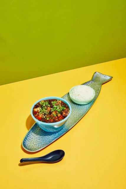 Overhead shot of colourful food composition with fish-shaped serving platter holding stew and rice, alongside a black ceramic spoon, set against green and yellow backdrop.