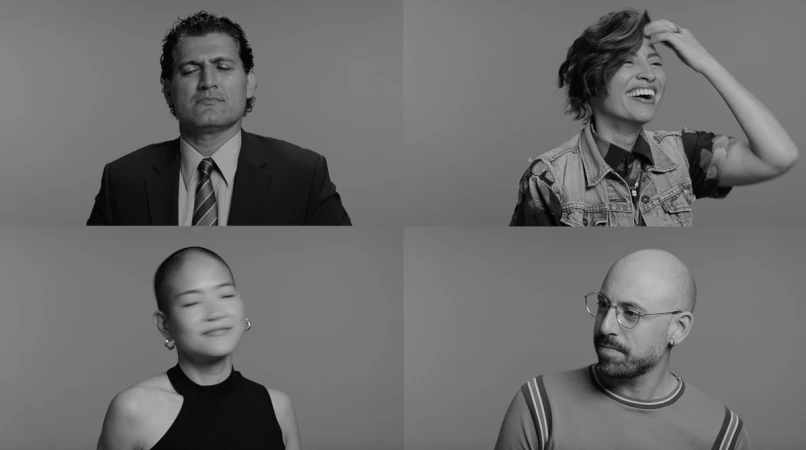 Black and white four-panel portrait grid of four diverse adults against a plain studio background.