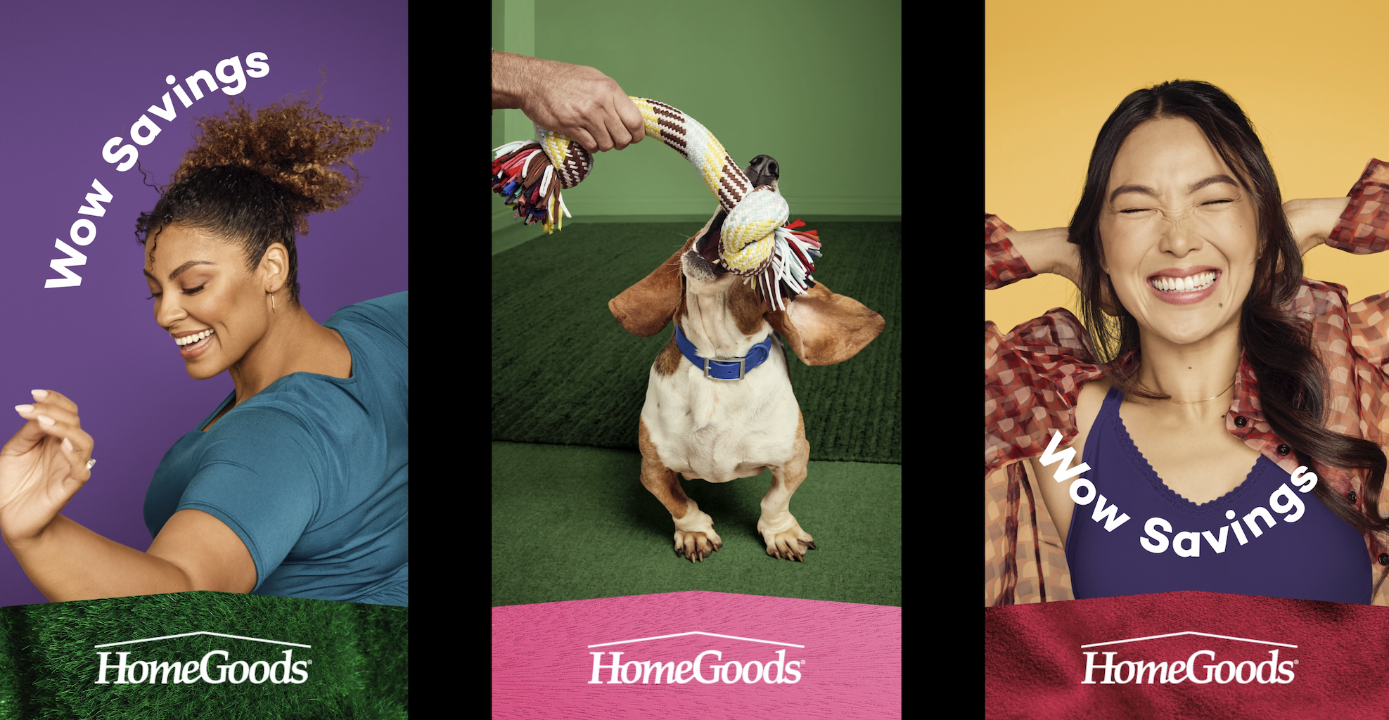 Triptych featuring a smiling woman, a dog playing with a rope toy, and a joyful woman with hands behind her head, photographed by Meredith Jenks