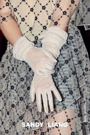 Close-up of hands wearing sheer white gloves crossed over a patterned mesh skirt with black floral details.