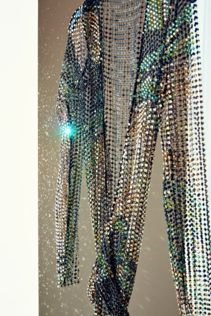 Elegant see-through dress featuring an elaborate design of shiny sequins, hanging against a neutral-toned wall with subtle shadows and light.