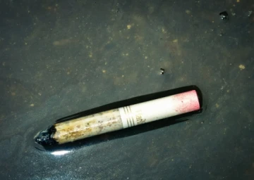 A discarded cigarette butt partially submerged in dark water, shot from an overhead angle by Meredith Jenks.