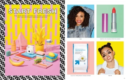 Collage layout featuring colourful lifestyle photography, beauty products, and still life arrangements.