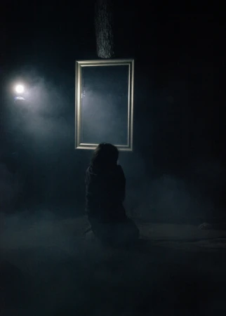 Person kneeling in a dark, smoky room with a framed mirror and a single spotlight shining from the side, creating a moody scene.