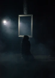 A person kneeling in front of a framed mirror hanging in a dark, smoky forest illuminated by a bright light source.