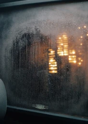 Close-up of a rain-streaked window pane with blurred warm city lights glowing in the dark background.