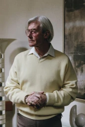 Elderly man with silver hair wearing glasses and a pale yellow V-neck sweater standing indoors