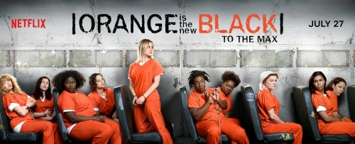 Orange Is the New Black TV series promotion poster featuring a group of diverse women in orange prison uniforms sitting on a bus.