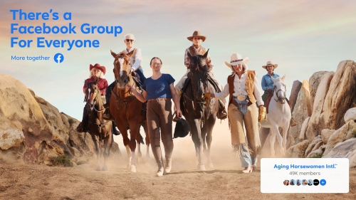 A group of horsewomen riding horses in a desert landscape with rock formations and an ad for a Facebook group.