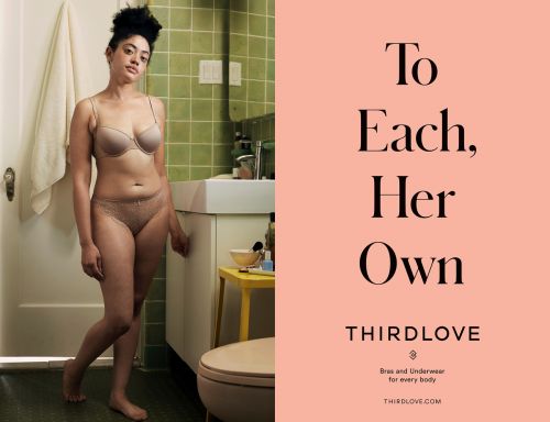 A slender adult woman stands in a bra and underwear in a bathroom; product shot for Third Love brand, with marketing text on the right.